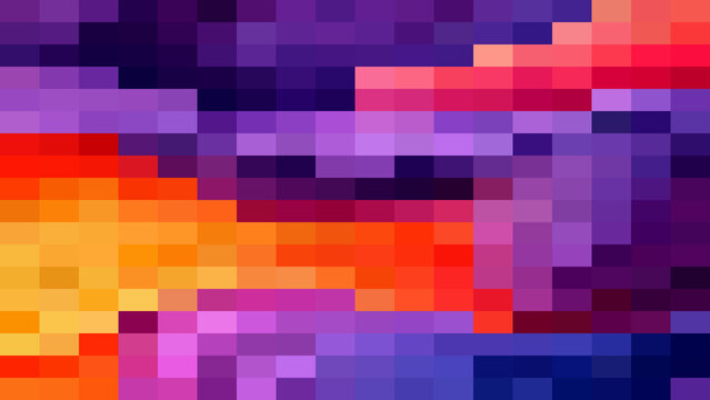 Abstract pixelated background, with a grid, of squares in, bold colors of, purple, red, orange, and yellow creating, a dynamic pattern