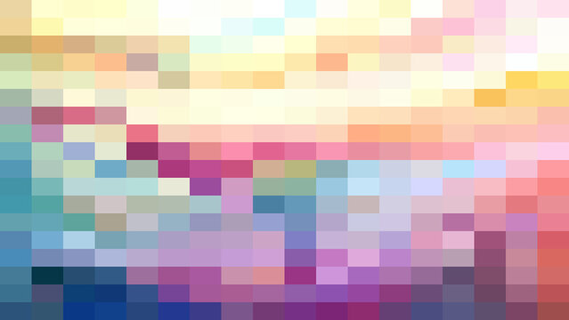 Abstract pixelated mosaic background, featuring a diverse, palette of pastel, colors including soft, blues, pinks, yellows, and deep purple squares