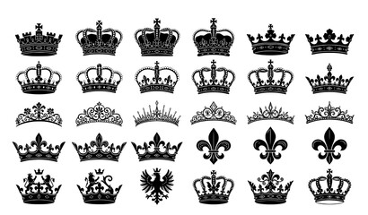Crown And Fleur De Lis Silhouette Set, Vector Black Icon Collection Of Royal King Crowns And Heraldic Emblem Symbols © Md