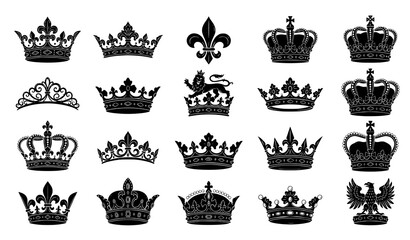 Royal Crown Silhouette Collection, Vector Black Icon Set Of King And Queen Crowns, Tiara And Fleur De Lis Symbols © Md