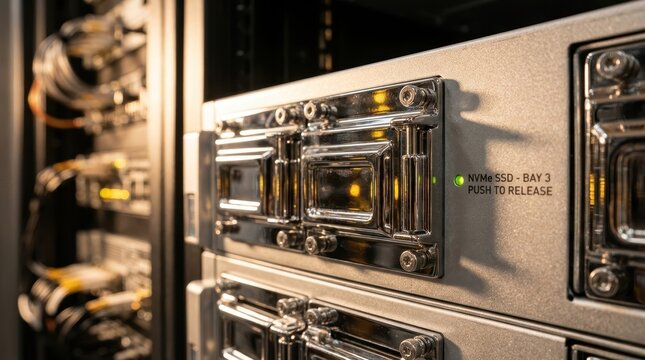 Close-up of server rack hardware with shiny chrome handles and illuminated indicator lights in a data center environment.