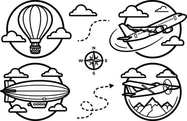 Aviation and Air Travel Icon Set with Airplane Hot Balloon Zeppelin Vector Badges © MDBABULU