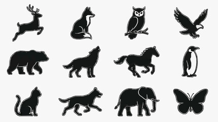 Obraz premium Black and White Line Art Collection of Mythical and Real Animals Silhouettes