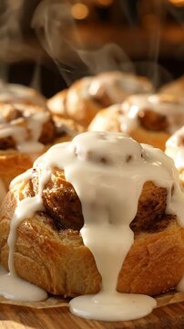 Cinnamon Rolls Being Drizzled with Icing, a Looping Food Preparation Animation. and Glaze and Pastry and Baked Goods