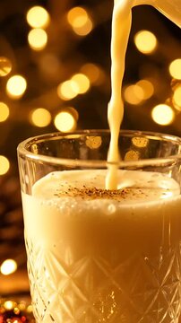 Cream Pouring Into a Glass with Bokeh Lights. Slow Motion Liquid Cascade, Golden Shimmer, Festive Beverage. and Drink