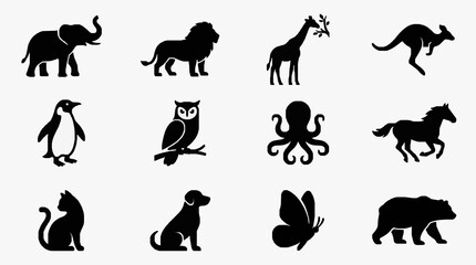 Fototapeta premium Black and White Silhouettes of Diverse Wildlife and Creatures Collection