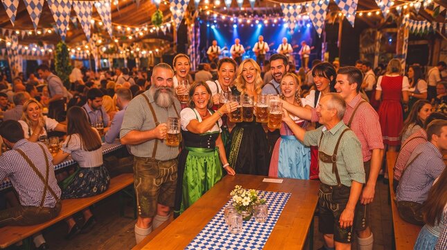 People Celebrating Oktoberfest Beer Festival in Traditional Bavarian Costumes. Bavarian Oktoberfest Festival Culture Concept Banner with Copy Space
