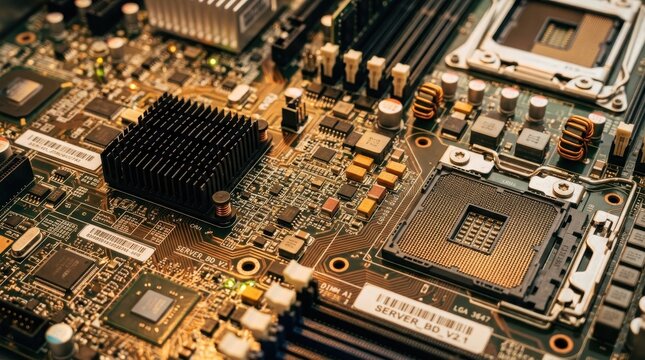 Detailed Close-up of a Computer Motherboard with Electronic Components and Circuitry