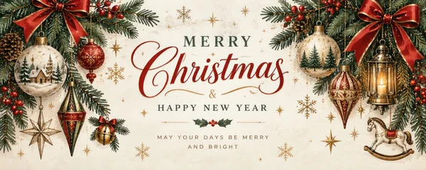 Vintage Merry Christmas and Happy New Year Greeting Card with Festive Ornaments © Evdoha