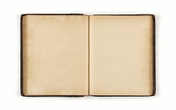Open vintage journal with blank yellowed pages and dark brown binding edges