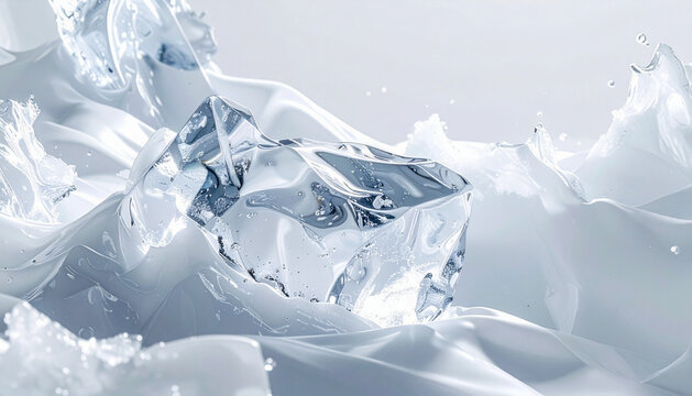 Frozen ice cube melting in clear liquid with minimalist background