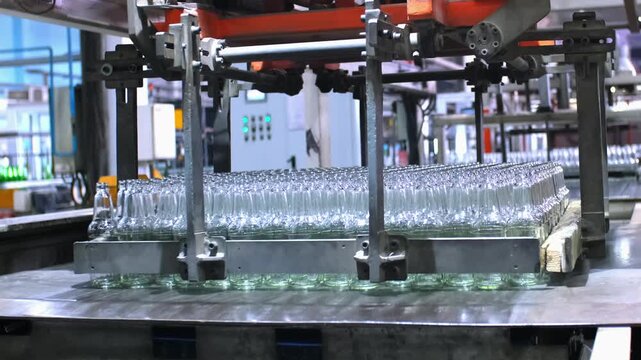 Glass factory, production of glass containers. Packaging of food containers. Robotics in industry. Modern technologies, robotic machines produce products. Technological work at the plant.