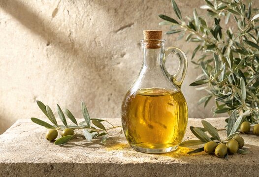 Clear glass bottle of golden virgin olive oil standing on a rustic stone surface with olive tree branches
