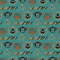 Obraz premium Repeating hand drawn safari animal pattern with monkey, leopard, lion, horse and zebra faces on teal background, playful child friendly design for wallpaper, fabric, wrapping and nursery decor
