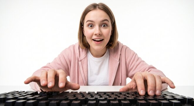 Two frightened young men staring down at monitor with shocked surprised face