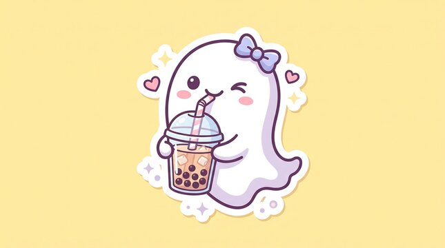Kawaii ghost sticker drinking boba tea, cute pastel ghost character with purple bow, adorable halloween spirit holding bubble tea cup on yellow background