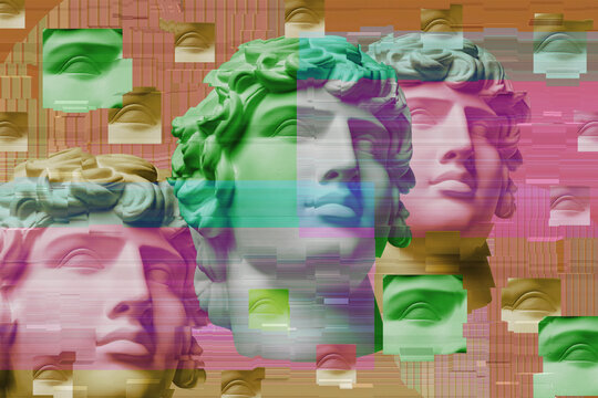 Vaporwave Aesthetic Glitch Art with Antique Classical Statue Head Retro Futuristic Digital Distortion and VHS Noise Abstract Raster Illustration Background Style