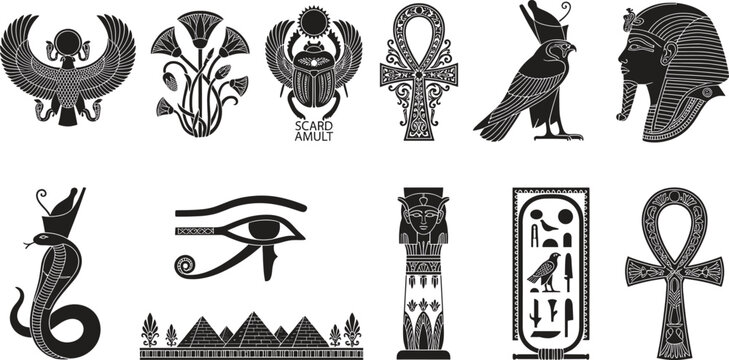 Ancient Egyptian vector symbol set featuring ankh cross eye of Horus pharaoh scarab and historic landmarks