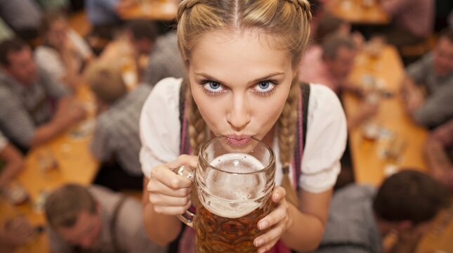 Attractive Woman in Traditional Dirndl Costume with Cleavage at Oktoberfest. Sensual Bavarian Oktoberfest Girl Concept Banner with Copy Space