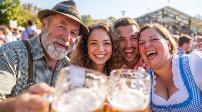 People Celebrating Oktoberfest Beer Festival in Traditional Bavarian Costumes. Bavarian Oktoberfest Festival Culture Concept Banner with Copy Space