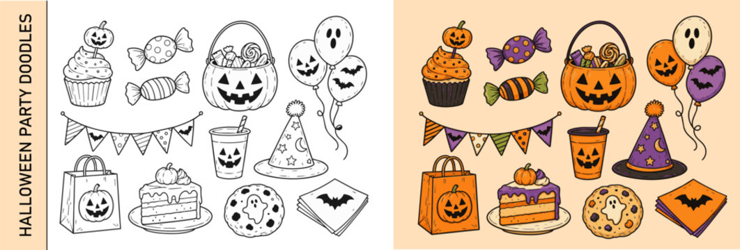 Spooky party doodle vector set with Halloween treats, balloons and decorations