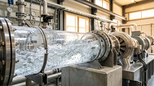 Industrial Testing Equipment With Clear Pipe Showing Water Flow and Mechanical Components