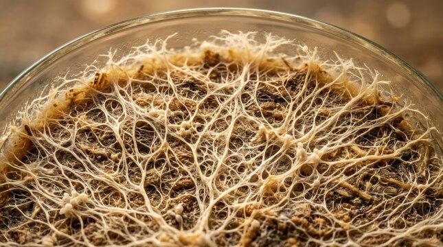 Intricate White Mycelium Network Growing in Organic Substrate, Revealing Fungal Growth Close-Up