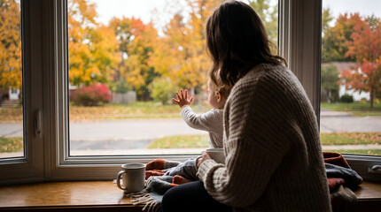 Fototapeta premium Mother and child reaching out to autumn scenery through a window 