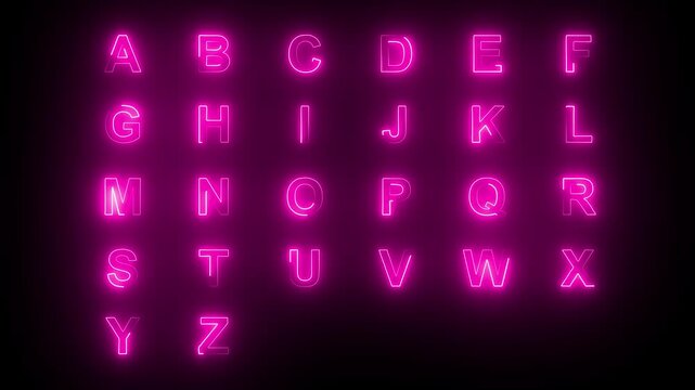 Neon line Alphabet text sign animation on black background, Educational concept. Alpha channel 4k