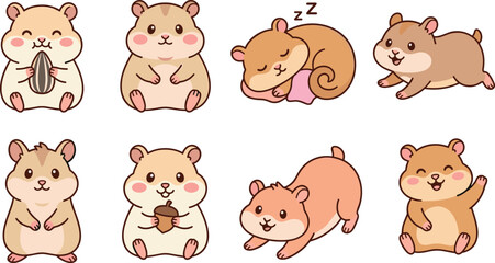 Obraz premium Cute hamster character vector icon set eating sunflower seed sitting sleeping running holding acorn and waving illustration