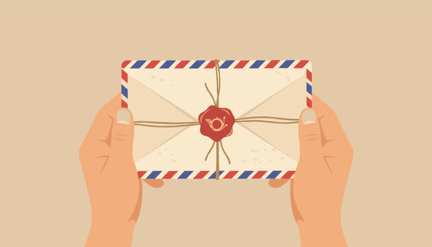 Close-up of hands holding a vintage envelope sealed with red wax and a string on a plain background.