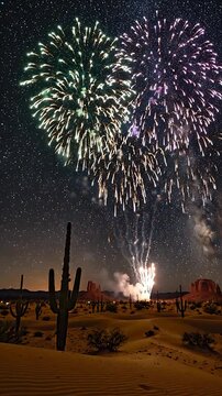 Fireworks Display Over Desert Landscape with Starry Night Sky and Milky Way. Dynamic Looping Animation with Vibrant Colors.