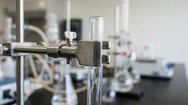 Close-up view of scientific laboratory equipment including glass test tubes and clamps, set up for experimentation