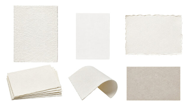 Assortment of textured white and cream paper sheets in various formats-stacked, single, torn deckle edge, curled sample and beige cardstock photographed on transparent background