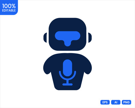 Blue robotic assistant flat icon with microphone on white background representing artificial intelligence and voice command technology