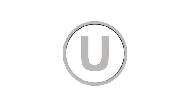 Animation of 3D font capital letter U with circle icon on white background. Educational concept. Alpha channel 4k. Logo design animation. 