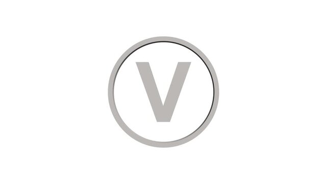 Animation of 3D font capital letter V with circle icon on white background. Educational concept. Alpha channel 4k. Logo design animation. 