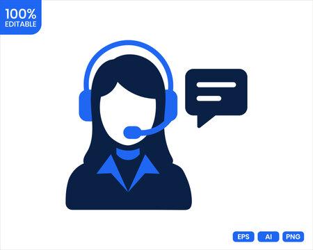 Customer service representative flat icon with headset and speech bubble on a white background for support and communication concepts