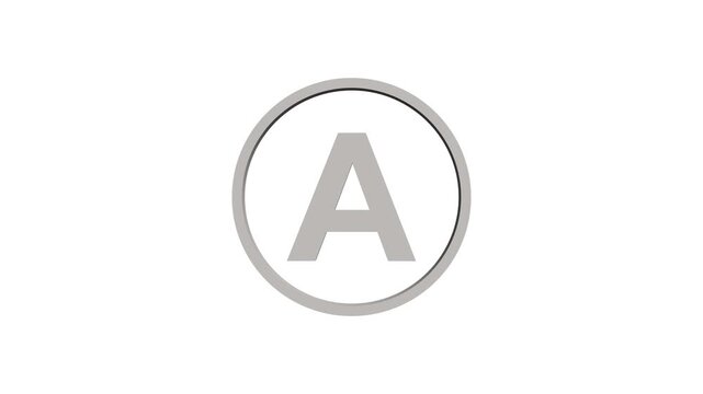 Animation of 3D font capital letter A with circle icon on white background. Educational concept. Alpha channel 4k. Logo design animation. 