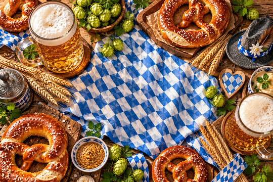 Flat lay of an oktoberfest feast with beer pretzels and hops on a traditional checkered tablecloth