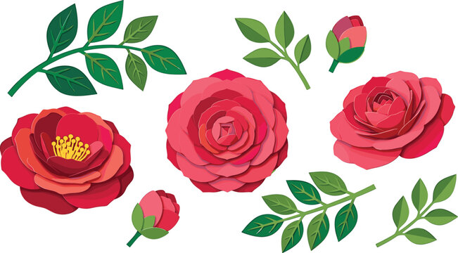 Beautiful camellia papercut floral illustration set featuring red blossoms rose buds and green leaves vectors