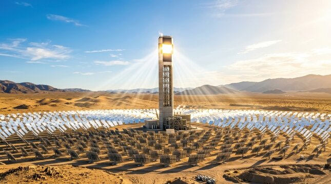 Towering Concentrated Solar Power Plant in Desert Harnessing Sunlight with Vast Heliostat Field