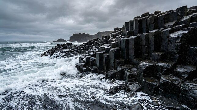 Dramatic basalt columns meeting ocean waves under a moody overcast sky