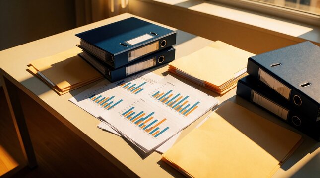 Blue ring binders, paper reports rest on minimalist office desk under warm golden hour sunlight with deep shadows. Corporate financial planning, tax consultancy marketing background. Bar charts, data