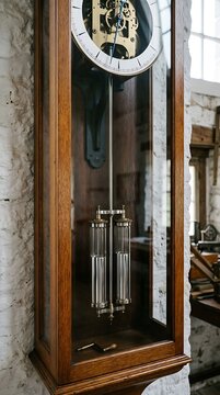 Ornate grandfather clock with an exposed pendulum mechanism and detailed gears.