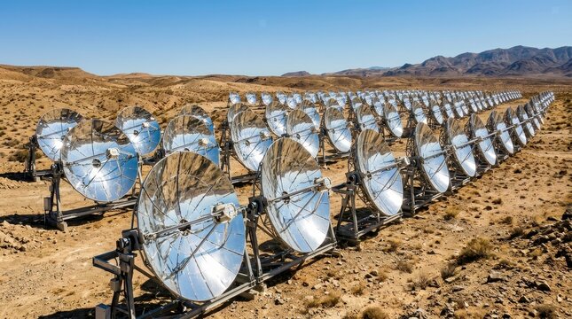 Vast field of parabolic solar collectors reflecting sunlight in a dry desert landscape, showcasing renewable energy technology and vast power generation capabilities.