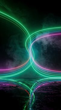 Glowing Neon Light Trails Looping and Swirling in a Dark, Abstract Motion Graphics Animation. Dynamic and Futuristic Visual Effect.