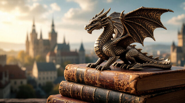 Bronze dragon figurine sits on stack of vintage old books. Fantasy mythical creature sculpture rests atop antique literature. Medieval castle city background with towers in soft sunlight. Magic