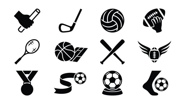 Set of black and white sports icons featuring various athletic equipment and symbols