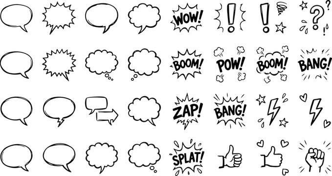 Collection of comic book style speech bubbles and sound effects with hand drawn doodles